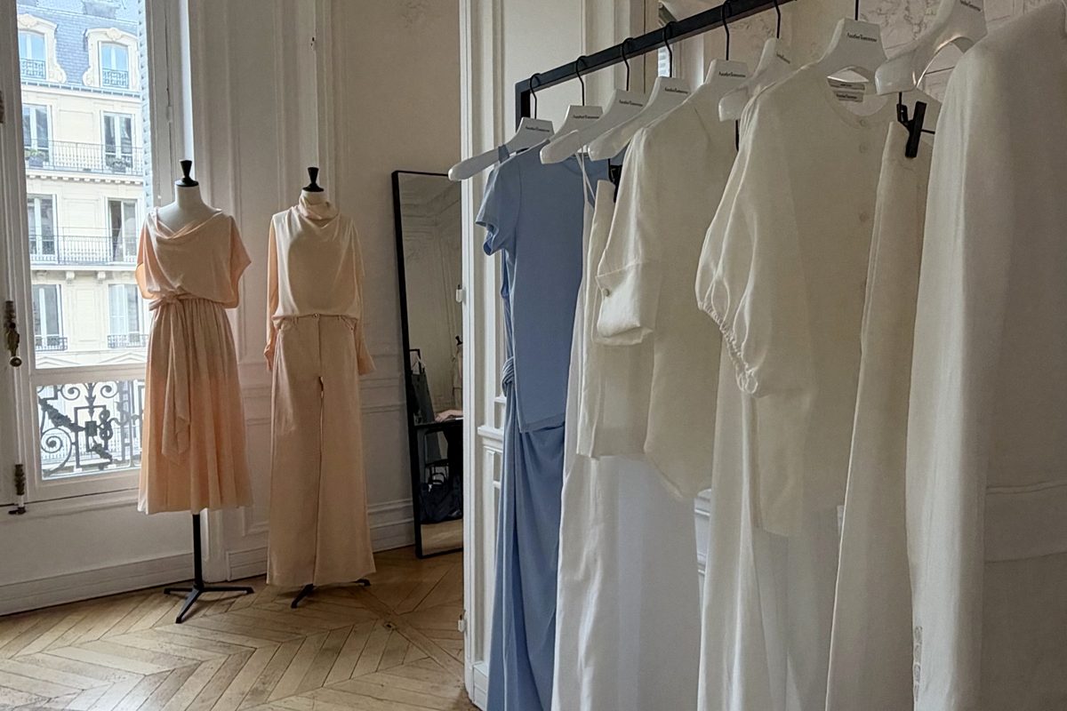 Another Tomorrow pieces by a window in a Paris showroom